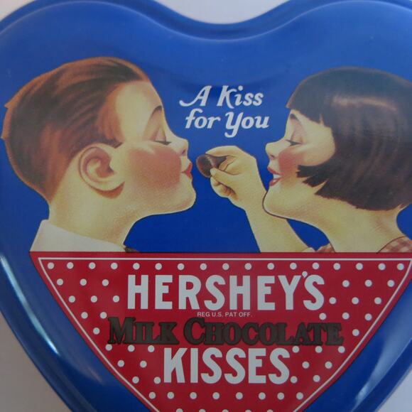Hersheys Kisses Heart Tin Candy Vintage Retro "A Kiss for You" Red Blue Empty - Picture 3 of 9